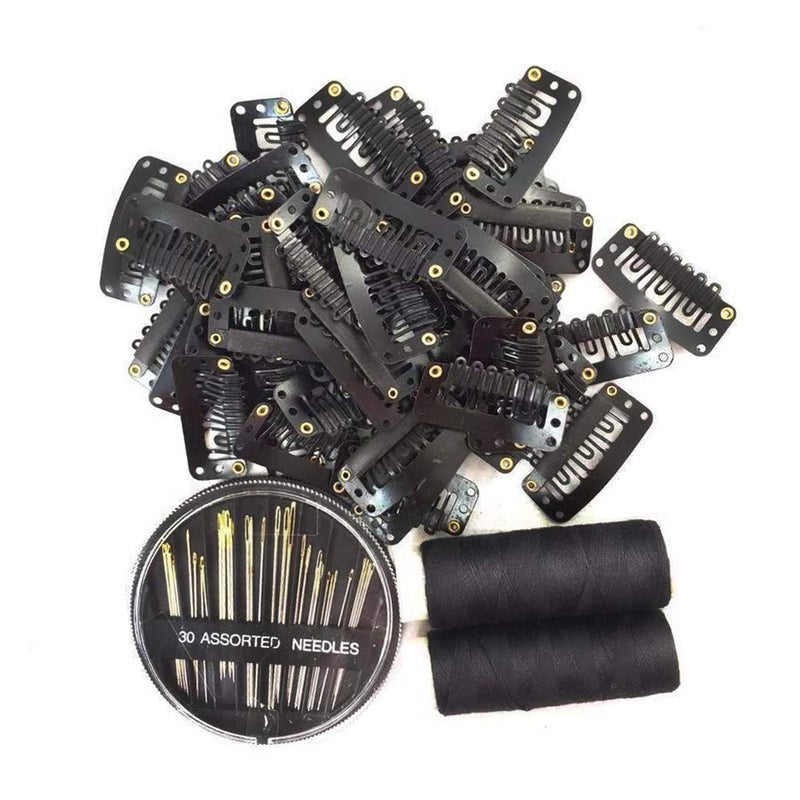 KDOSP 50Pcs Wig Clips 32mm Snap Clips For hair Extensions I Shape Hair clips Tools 6 Teeth Black Color Hair Extension 30 clips Assorted Sewing Needles and 2 Rolls Thread (Black) - Image 1